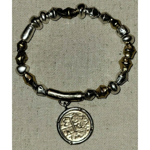 Chico's Gold & Silver Tone Faux Ancient Coin Charm Beaded Stretch Bracelet - Picture 1 of 4